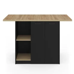 Ilot central bois noir avec plan de travail façon hêtre 140 cm 4 personnes avec rangement