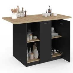 Ilot central bois noir avec plan de travail façon hêtre 140 cm 4 personnes avec rangement