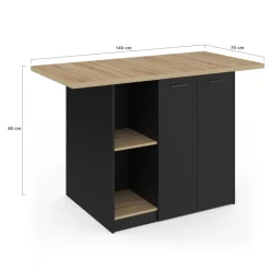 Ilot central bois noir avec plan de travail façon hêtre 140 cm 4 personnes avec rangement