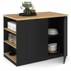 Ilot central bois noir avec plan de travail façon hêtre 120 cm