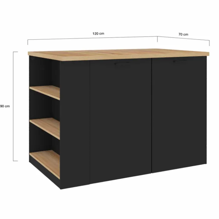 Ilot central bois noir avec plan de travail façon hêtre 120 cm