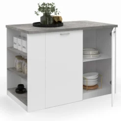 Ilot central de cuisine bois blanc et effet béton