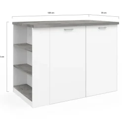 Ilot central de cuisine bois blanc et effet béton