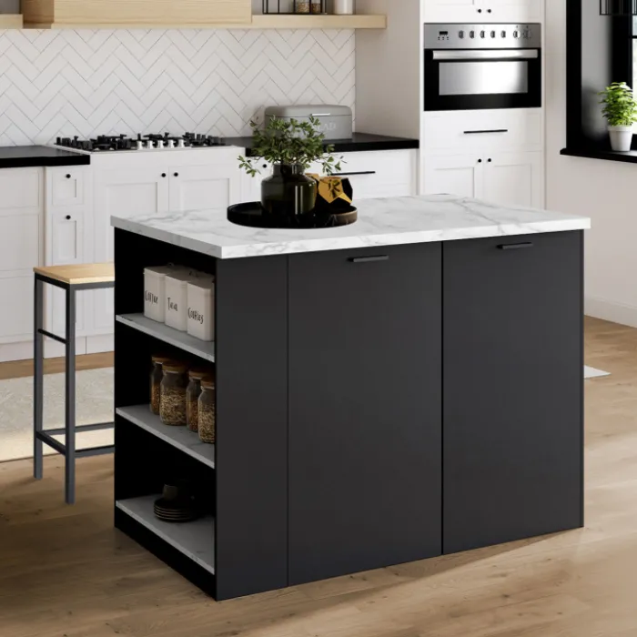 Ilot central de cuisine bois noir et effet marbre
