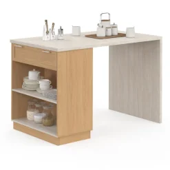 Ilot central mange-debout 4 personnes 130 cm bois et plateau effet travertin