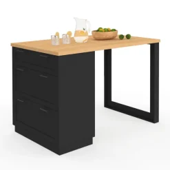 Ilot central mange-debout 4 personnes 130 cm casserolier 3 tiroirs noir et plateau bois