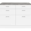 Ilot central mange-debout 120 cm casserolier 6 tiroirs blanc avec plan de travail effet béton