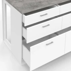 Ilot central mange-debout 120 cm casserolier 6 tiroirs blanc avec plan de travail effet béton