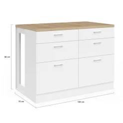 Ilot central mange-debout 120 cm casserolier 6 tiroirs blanc et plateau bois