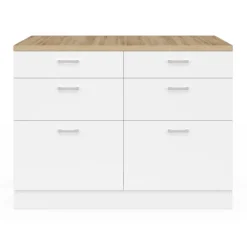 Ilot central mange-debout 120 cm casserolier 6 tiroirs blanc et plateau bois