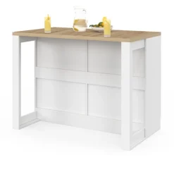 Ilot central mange-debout 120 cm casserolier 6 tiroirs blanc et plateau bois