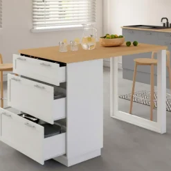 Ilot central mange-debout 4 personnes 130 cm casserolier 3 tiroirs blanc et plateau bois