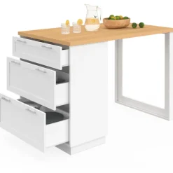 Ilot central mange-debout 4 personnes 130 cm casserolier 3 tiroirs blanc et plateau bois