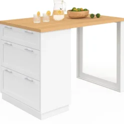 Ilot central mange-debout 4 personnes 130 cm casserolier 3 tiroirs blanc et plateau bois