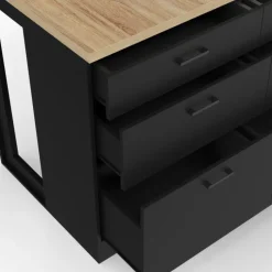 Ilot central mange-debout 120 cm casserolier 6 tiroirs noir et plateau bois