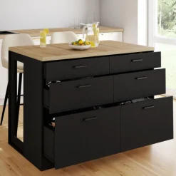 Ilot central mange-debout 120 cm casserolier 6 tiroirs noir et plateau bois
