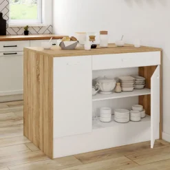 Ilot central maxi capacité de rangement bois et blanc