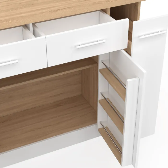 Ilot central portes avec rangements, tiroirs, rangement coulissant et plan de travail façon hêtre et blanc