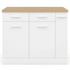 Ilot central portes avec rangements, tiroirs, rangement coulissant et plan de travail façon hêtre et blanc