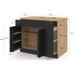 Ilot central portes avec rangements, tiroirs, rangement coulissant et plan de travail façon hêtre et noir