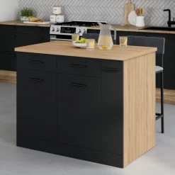 Ilot central portes avec rangements, tiroirs, rangement coulissant et plan de travail façon hêtre et noir