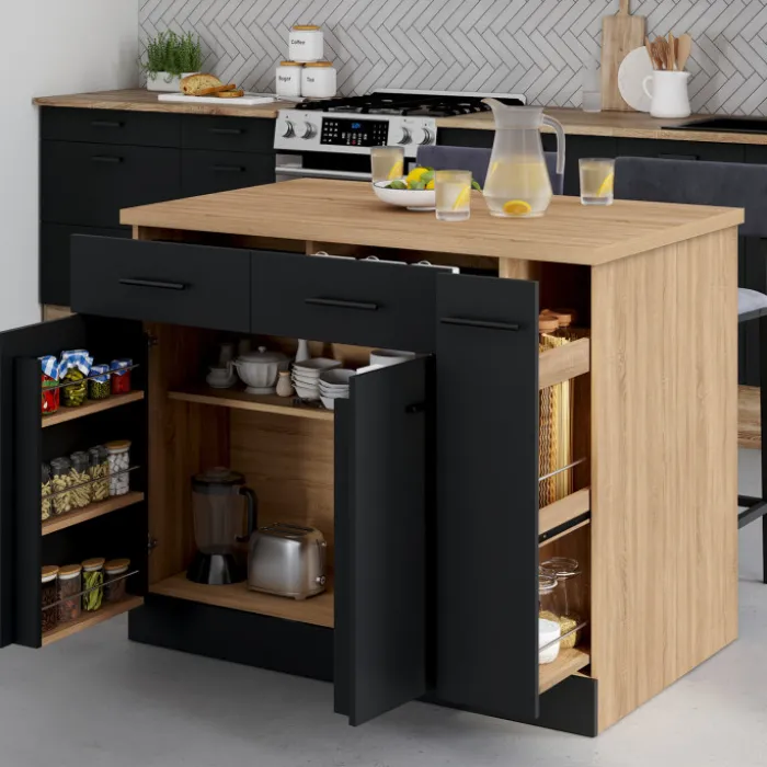 Ilot central portes avec rangements, tiroirs, rangement coulissant et plan de travail façon hêtre et noir