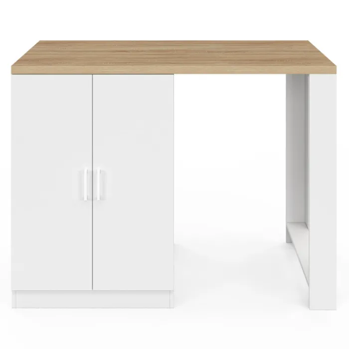 Ilot de cuisine central bois blanc 120 cm avec portes vitrées et rangements