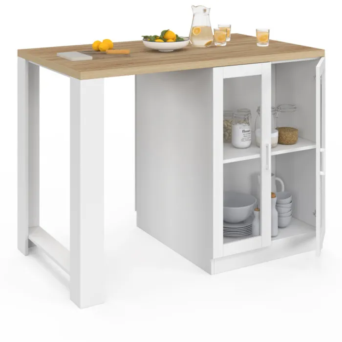 Ilot de cuisine central bois blanc 120 cm avec portes vitrées et rangements