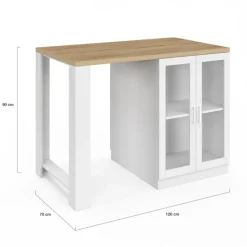 Ilot de cuisine central bois blanc 120 cm avec portes vitrées et rangements