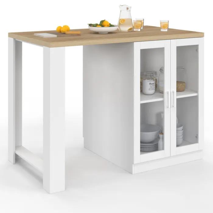 Ilot de cuisine central bois blanc 120 cm avec portes vitrées et rangements
