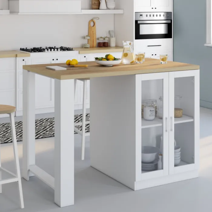 Ilot de cuisine central bois blanc 120 cm avec portes vitrées et rangements