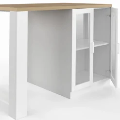 Ilot de cuisine central bois blanc 120 cm avec portes vitrées et rangements