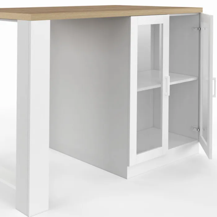 Ilot de cuisine central bois blanc 120 cm avec portes vitrées et rangements