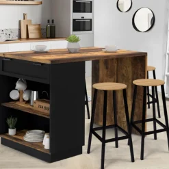 Ilot de cuisine mange debout 4 personnes bois foncé et noir