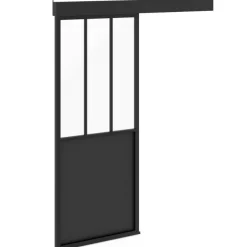 Kit porte coulissante verrière industrielle noire et verre trempé