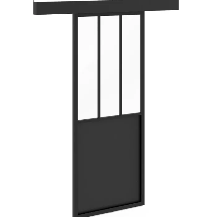 Kit porte coulissante verrière industrielle noire et verre trempé