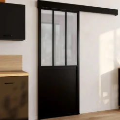 Kit porte coulissante verrière 83 cm en verre trempé givré, métal avec rail et fixations