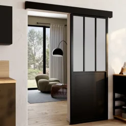Kit porte coulissante verrière 83 cm en verre trempé givré, métal avec rail et fixations