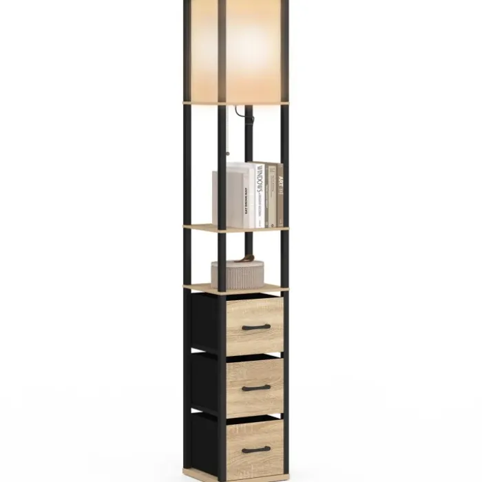 Lampadaire industriel en bois noir avec étagères bois clair 3 tiroirs tissu UTAH et abat-jour carré blanc
