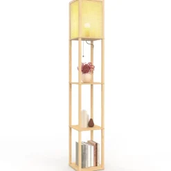 Lampadaire naturel en bois clair avec étagères et abat-jour carré effet cannage