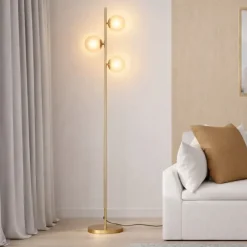 Lampadaire sur pied en métal doré avec 3 abat-jours globe verre