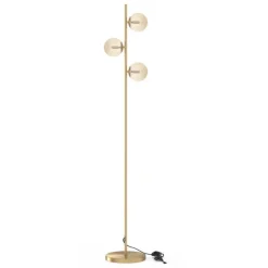 Lampadaire sur pied en métal doré avec 3 abat-jours globe verre