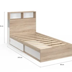 Lit 1 personne sommier 90x190 cm hêtre et blanc avec rangement et tête de lit