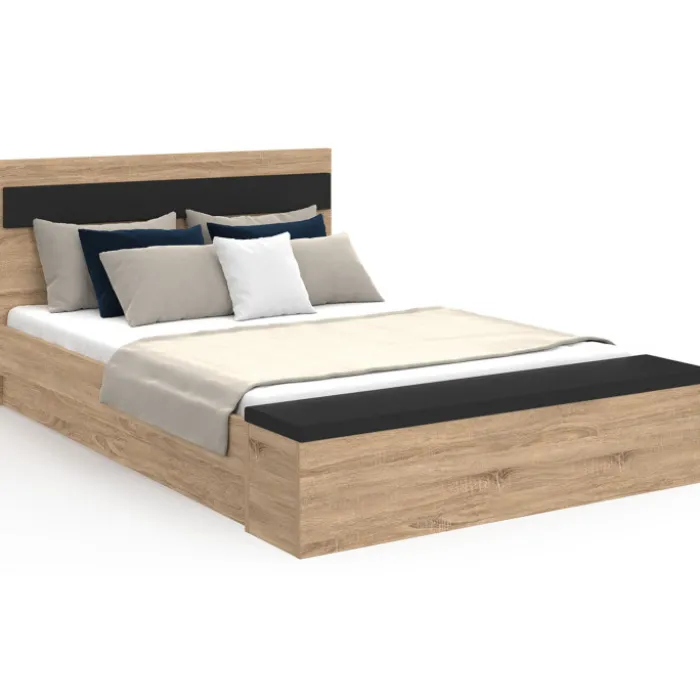 Lit 2 personnes sommier 140x190 cm avec tête de lit et banc coffre bois et noir