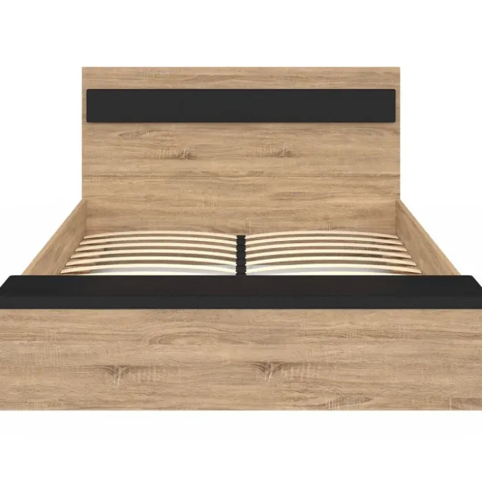 Lit 2 personnes sommier 140x190 cm avec tête de lit et banc coffre bois et noir