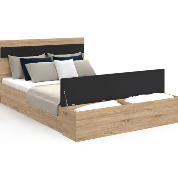 Lit 2 personnes sommier 140x190 cm avec tête de lit et banc coffre bois et noir