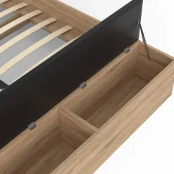 Lit 2 personnes sommier 140x190 cm avec tête de lit et banc coffre bois et noir