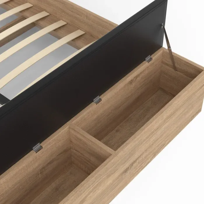 Lit 2 personnes sommier 140x190 cm avec tête de lit et banc coffre bois et noir