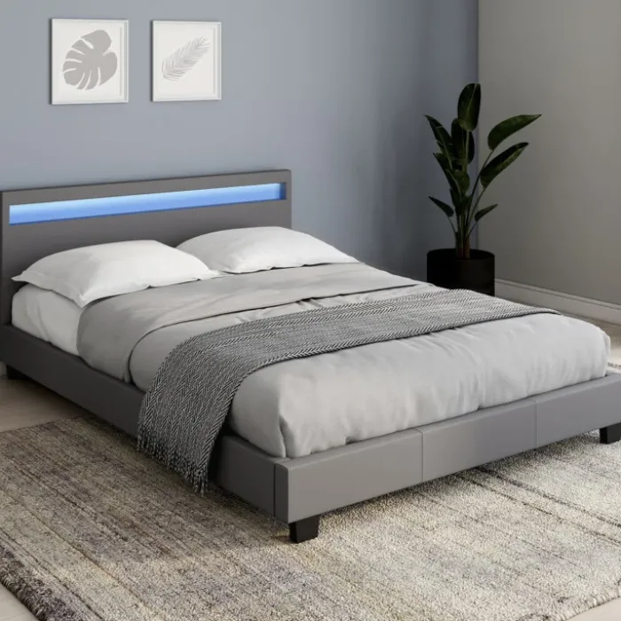Lit 2 places avec LED 140x190 cm gris