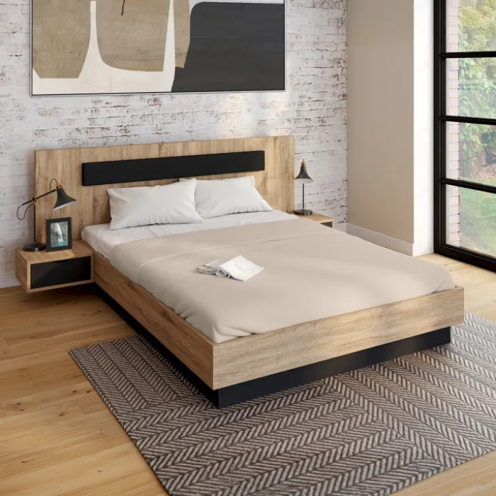 Lit 2 places double coffre 140x190 cm avec sommier et tables de chevet